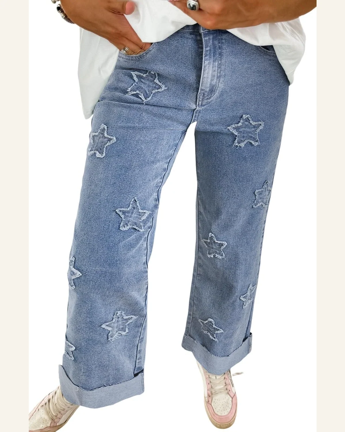 Casual Dusk Blue Foiled Star Patchwork Jeans by SELINK