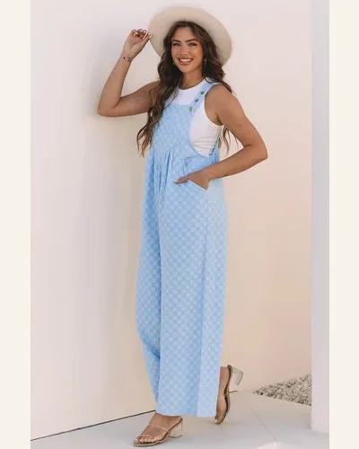 Casual Loose Beau Checkered Pocketed High Waist Straight Jumpsuit, view 3