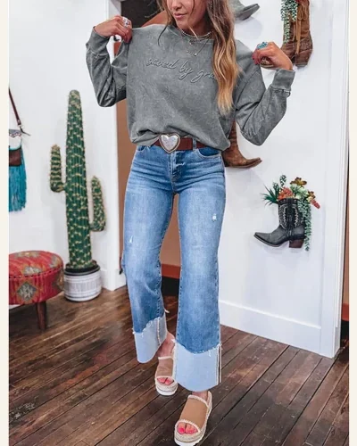 Casual Crewneck Sweatshirt Saved By Grace Letter Embroidery, view 4