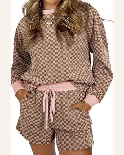 Casual Checkerboard 2 Piece Outfits Long Sleeve Pullover, view 1
