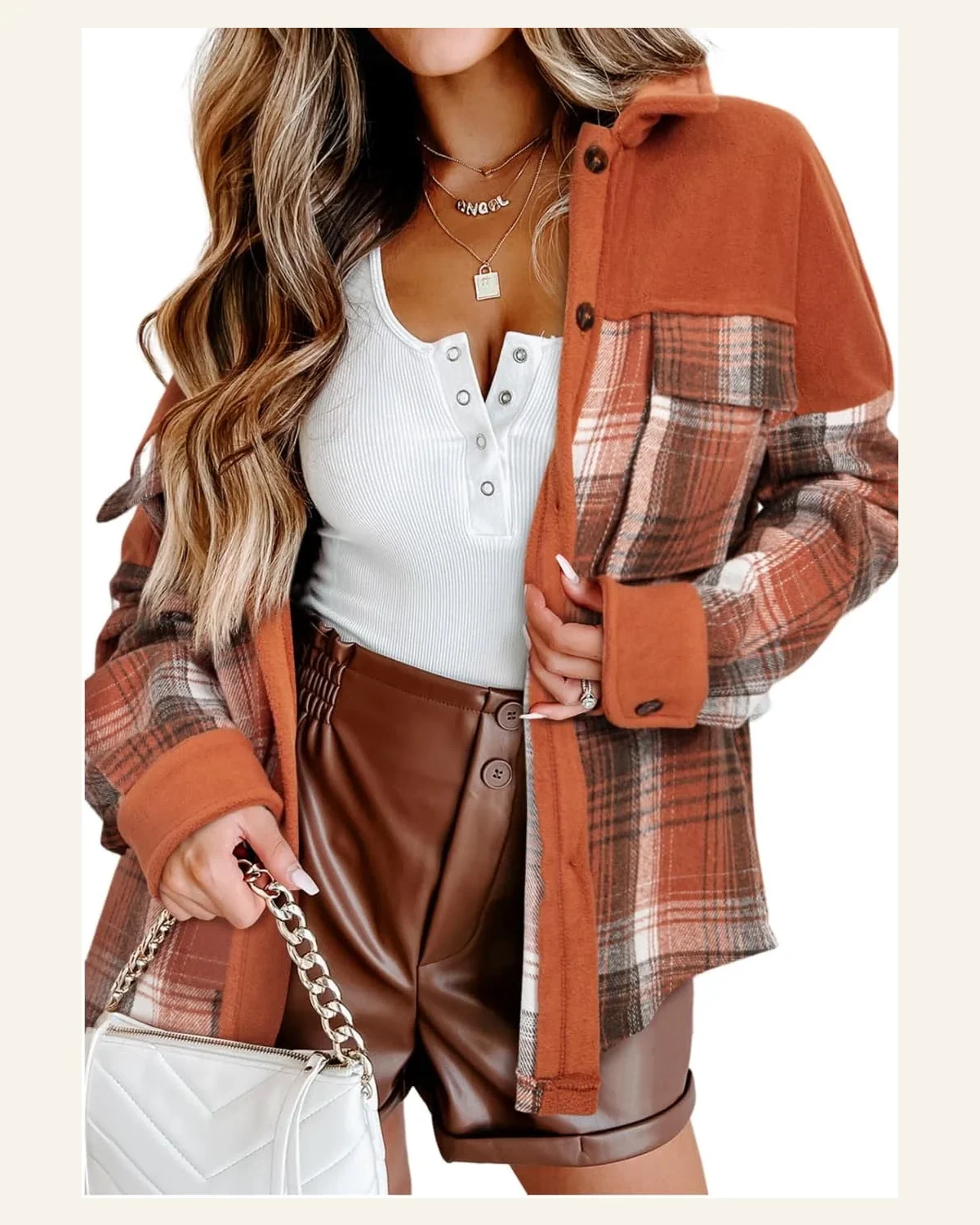 Shacket Jacket Casual Khaki Colorblock Plaid Pattern Flap by SELINK