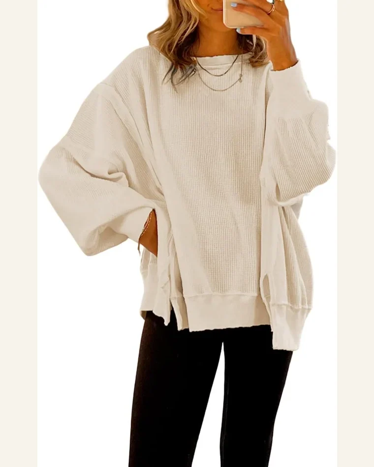 Tunic Tops Casual White Waffle knit Bishop Sleeve by SELINK