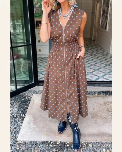 Casual Brown Polka Dot Print Contrast Trim Zip Dress, view 3