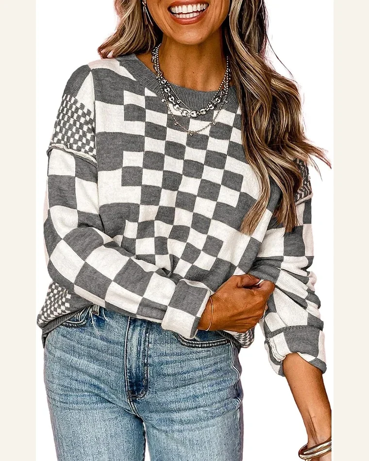 Crewneck Sweaters Long Sleeve Checkered Loose Knitted Pullover by SELINK