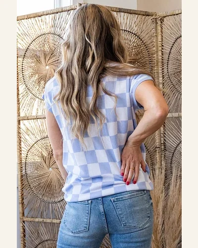 Casual Purple Check Pattern Cap Sleeve Knitted Sweater, view 3