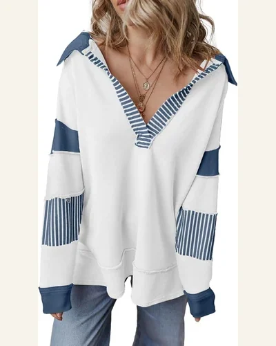Striped Colorblock Patchwork Sweatshirt Long Sleeve V Neck, view 4