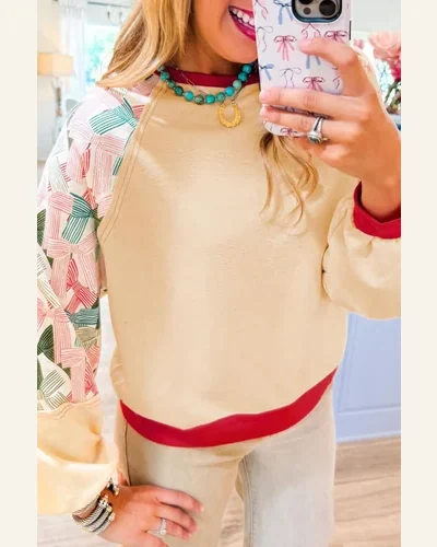Tunic Tops Country Beige Bowknot Printed Patchwork Raglan, view 4