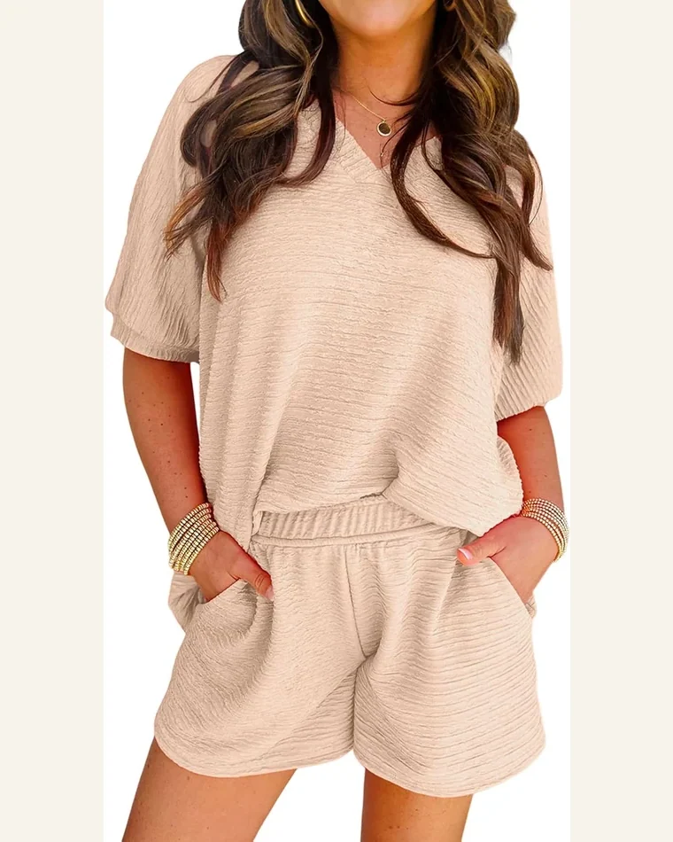 Two Piece Outfits Summer Textured V Neck Short by SELINK