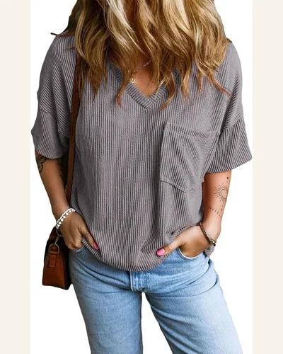 Short Sleeve Ribbed T Shirts Casual V Neck, view 1