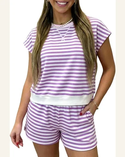 Striped 2 Piece Summer Outfit Cap Sleeve Pockets Set, view 4