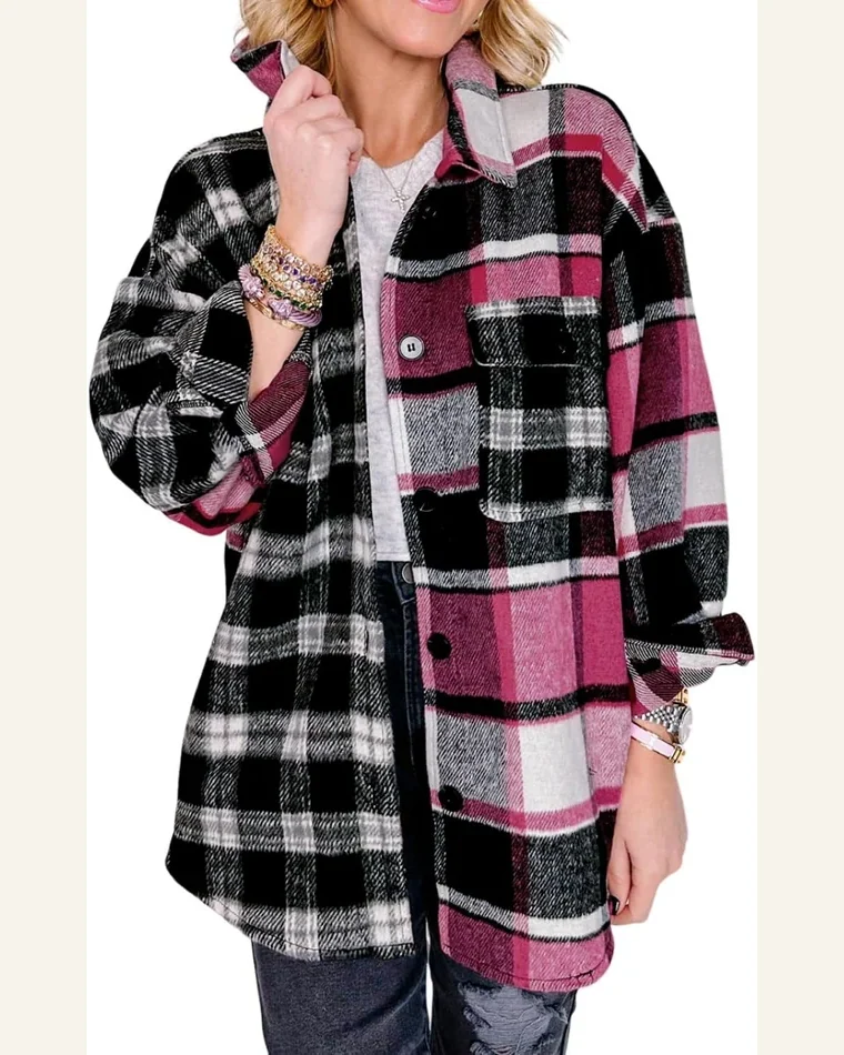 Shacket Jacket Casual Black Plaid Colorblock Loose Shacket by SELINK