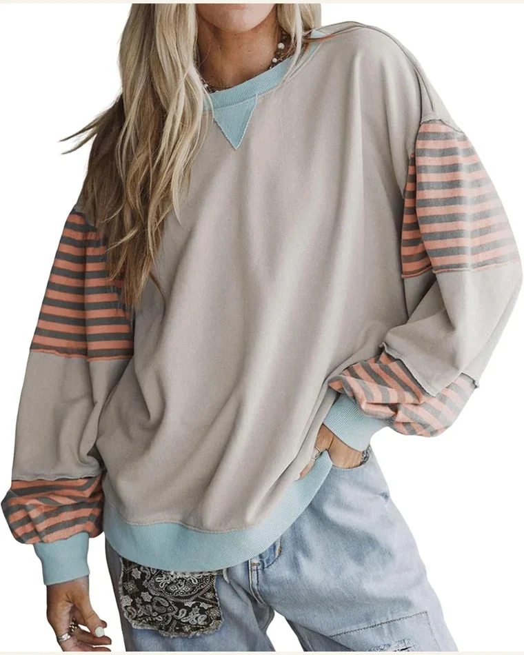 Striped Oversized Sweatshirt Color Block Crewneck Long Sleeve by SELINK