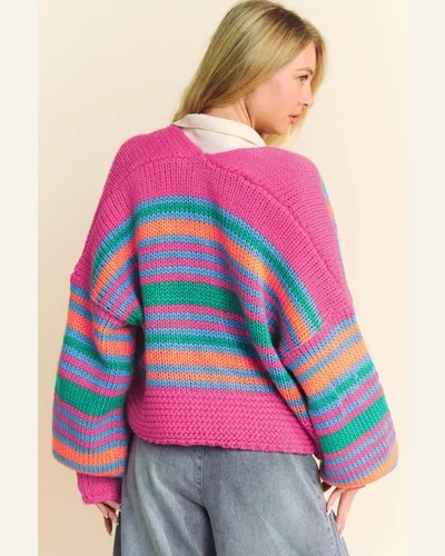Cardigan Sweater Casual Rose Stripe Colorful Puff Sleeve, view 2