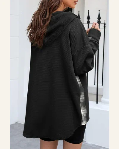 Shacket Jacket Casual Black Waffle Knit Plaid Patchwork, view 2
