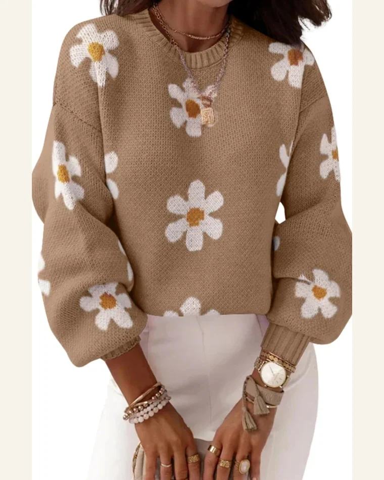 Pullover Sweater Tops Elegant Pale Khaki Pink Floral by SELINK