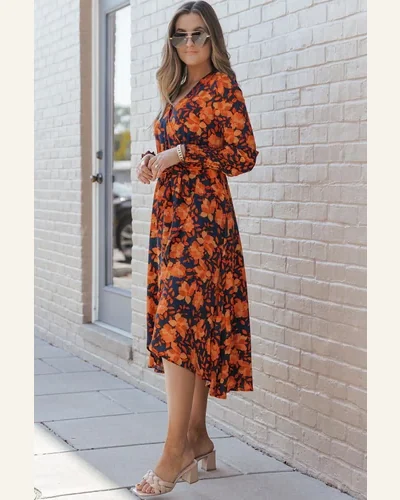 Fall Dresses Casual Orange Floral Print Faux Wrap, view 3
