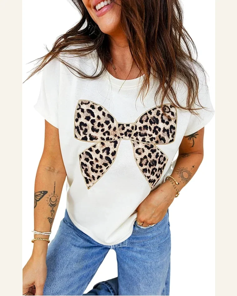 Short Sleeve Tops Summer Leopard Bow Round Neck by SELINK
