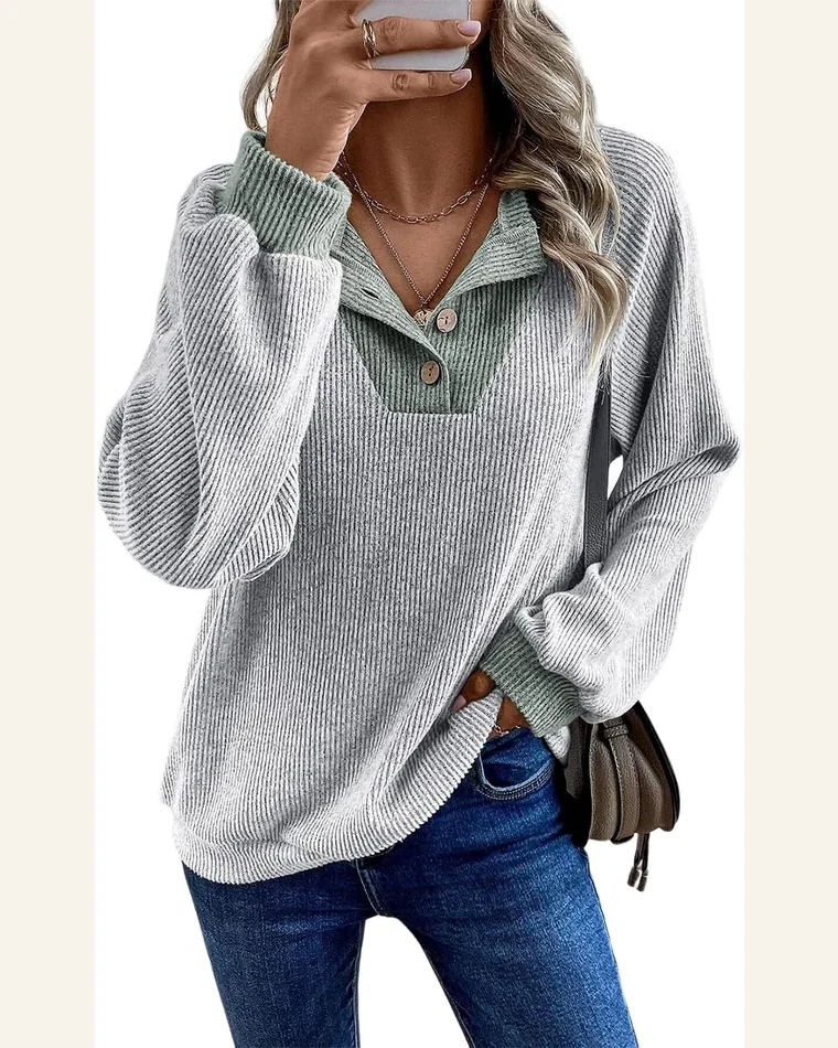 Tunic Tops Casual Light Grey Color Contrast Ribbed by SELINK