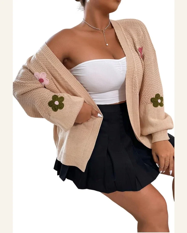 Cardigan Sweater Casual Smoke Gray Floral Applique Drop by SELINK