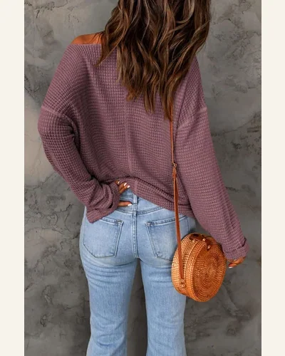Tunic Tops Casual Purple Waffle Knit Loose Long, view 2