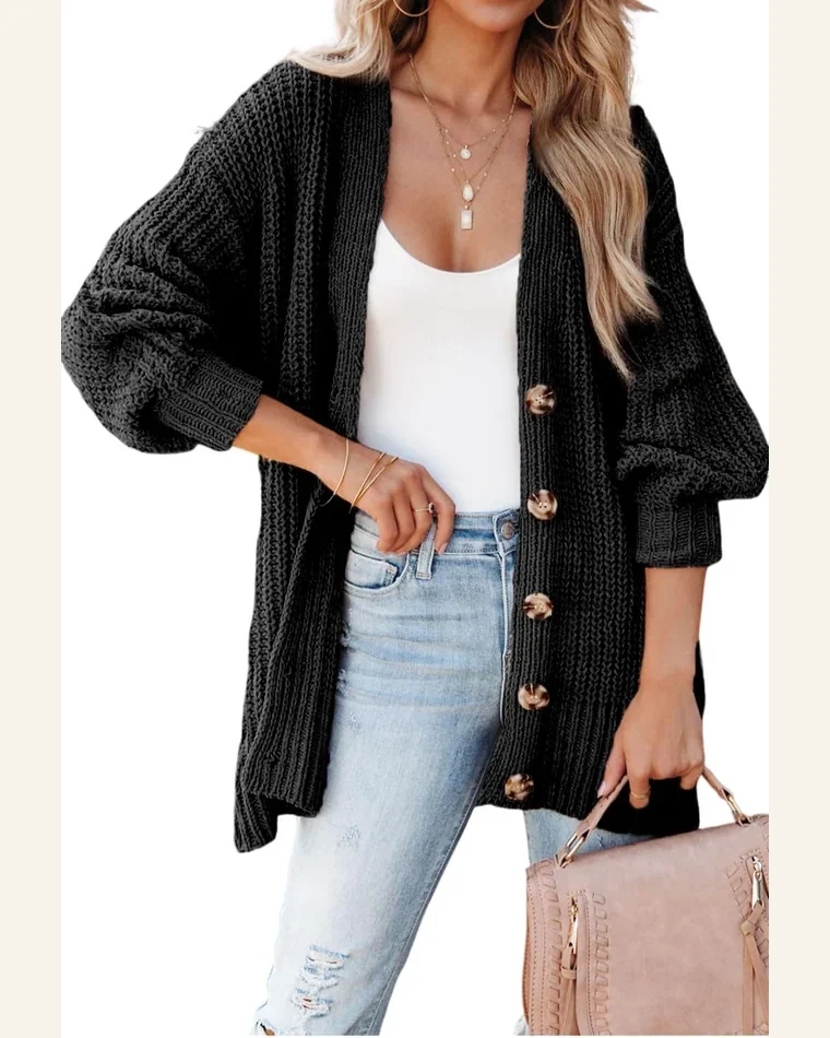 Cardigan Sweater Basic Black Buttoned Front Drop Shoulder by SELINK