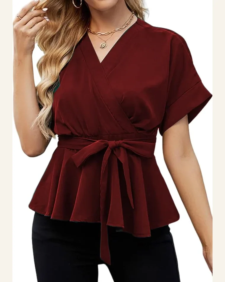 Casual V Neck Blouse Batwing Sleeve Knot Front by SELINK