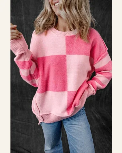 Casual Pink Checkered Colorblock Striped Loose Pullover Sweater, view 4