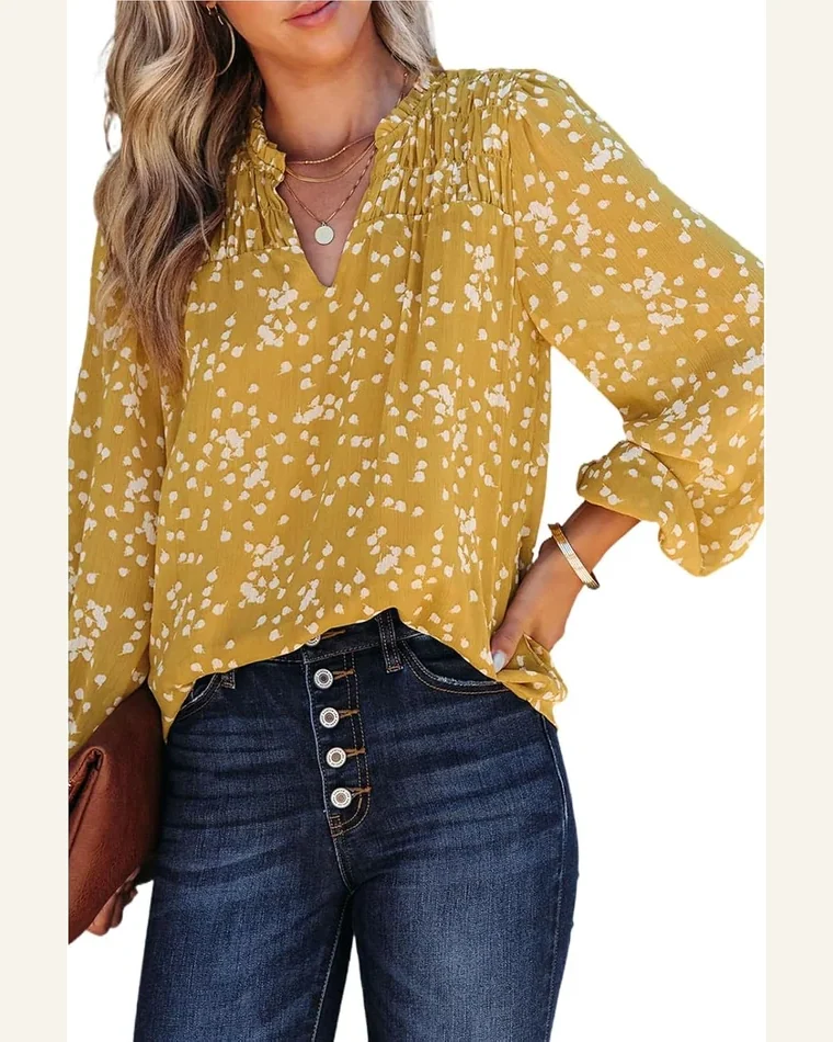 Casual V Neck Long Sleeve Printed Crinkled Blouse by SELINK