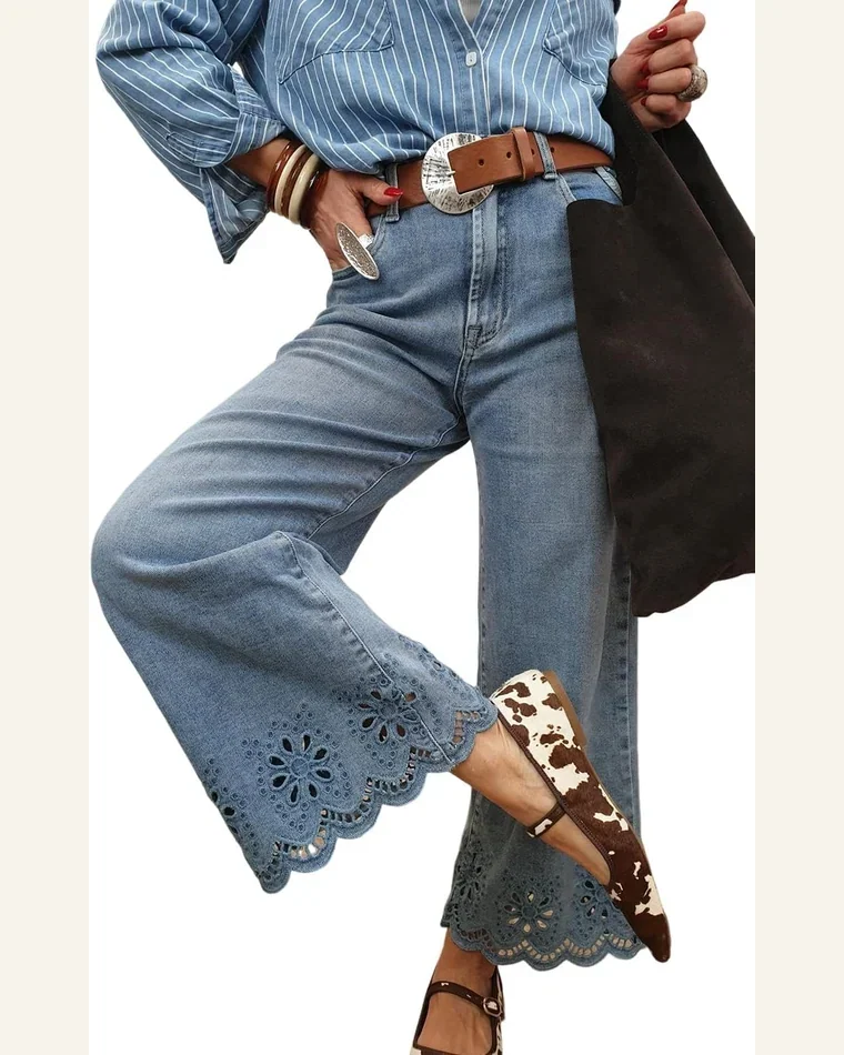 Casual High Waisted Jeans Embroidered Cropped Wide Leg by SELINK