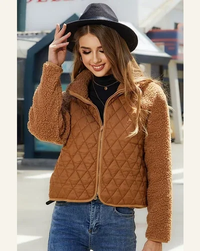 Shacket Jacket Casual Chestnut Sherpa Plush Quilted Puffer, view 4