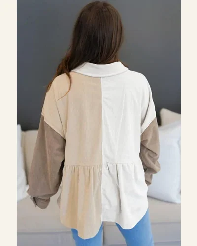 Shacket Jacket Casual Khaki Corduroy Colorblock Button, view 2