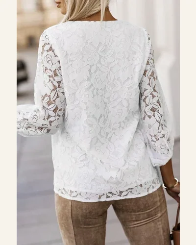 Tunic Tops Casual White Floral Lace Crochet Loose, view 2
