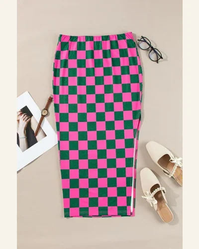 Casual Rose Checkered Print Side Slit Skirts High, view 4