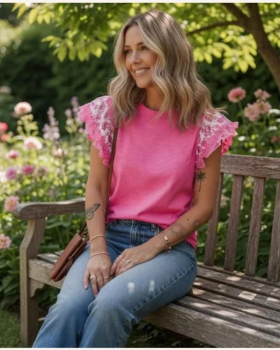 Summer Ruffle Short Sleeve Top Crewneck T Shirts, view 2
