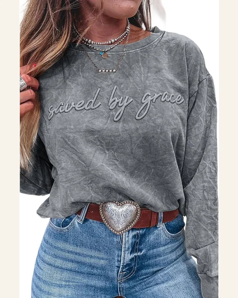 Casual Crewneck Sweatshirt Saved By Grace Letter Embroidery by SELINK