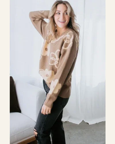 Pullover Sweater Tops Basic Camel Floral Drop Shoulder, view 3