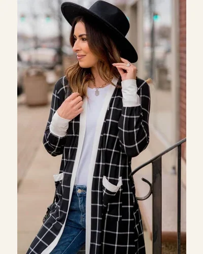 Cardigan Sweater Casual Black Plaid Colorblock Edge Open, view 3