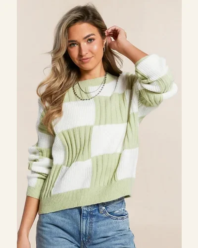 Casual Grass Green Checkered Textured Knit Pullover Sweater, view 2