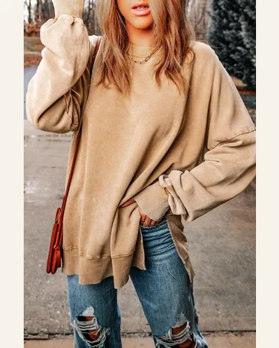 Casual Khaki Drop Shoulder Ribbed Trim Oversized Sweatshirts, view 4