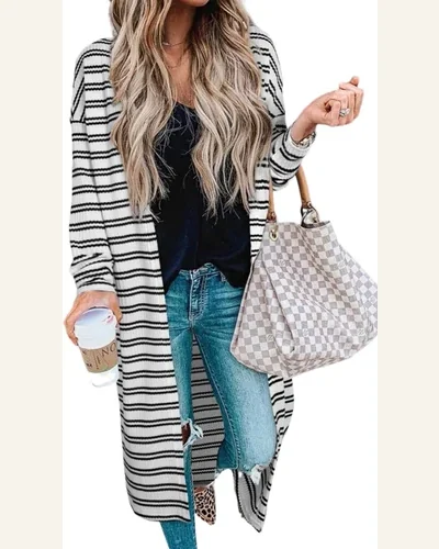 Cardigan Sweater Casual Black Stripe Print Open Front, view 1