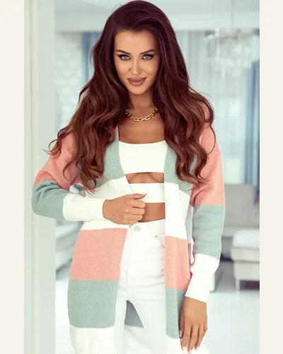 Cardigan Sweater Casual Green Colorblock Stripe Open-Front Cardigan, view 4