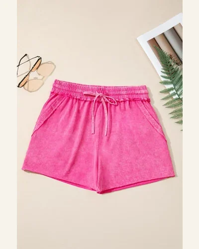 Casual Rose Red Mineral Washed Drawstring Elastic Waist Shorts, view 4