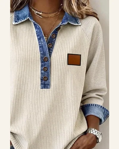 Ribbed Denim Collar Long Sleeve Button Tunic Top, view 3