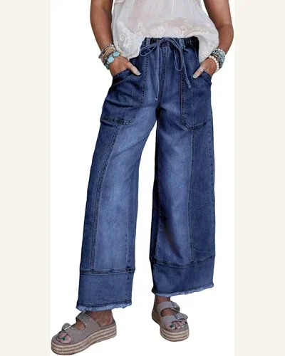Wide Leg Jeans High Waisted Seam Drawstring Raw, view 4