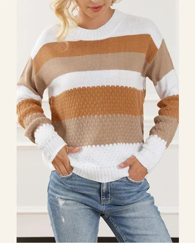 Pullover Sweater Tops Casual Chestnut Striped Cable Knit, view 2