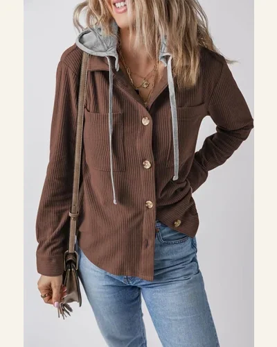 Shacket Jacket Casual Hooded Drawstring Pockets Corduroy Shacket, view 3