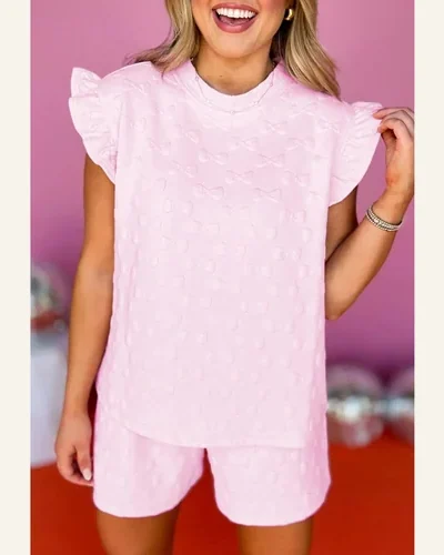 2 Piece Outfits Sweatsuit Bow Jacquard Ruffle Short, view 2