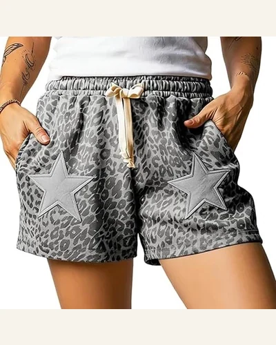 Western Gray Leopard Star Shorts with Pocket Colorblock, view 1