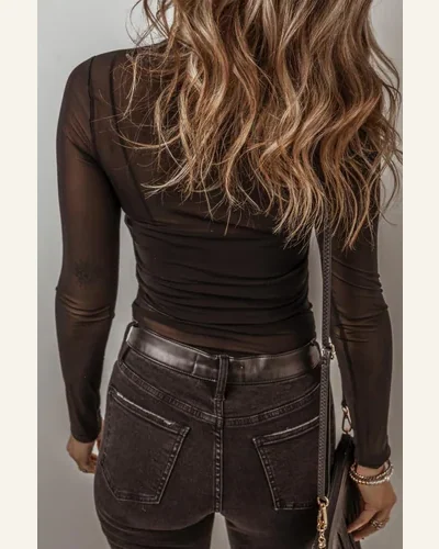 Bodysuit Black Mesh Long Sleeve Slim Fit Bodysuit, view 2