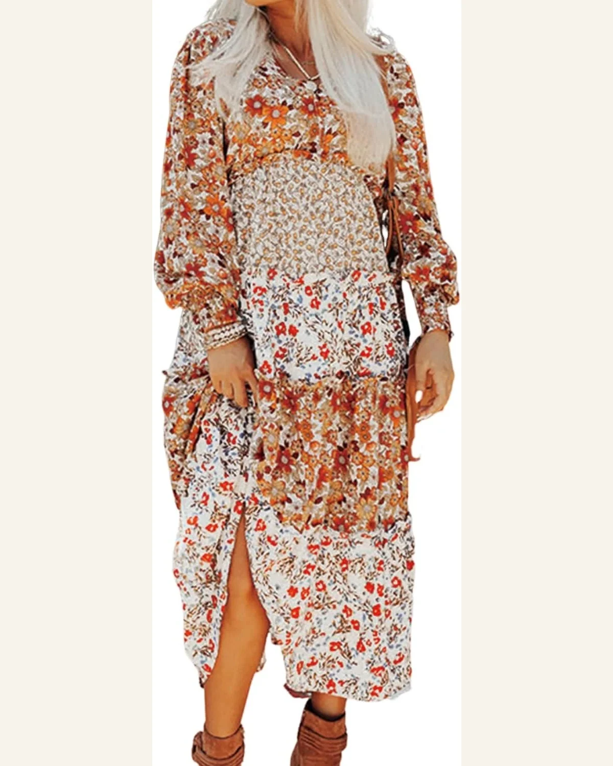 Fall Dresses Elegant Khaki Floral Print Ruffled Tiered by SELINK